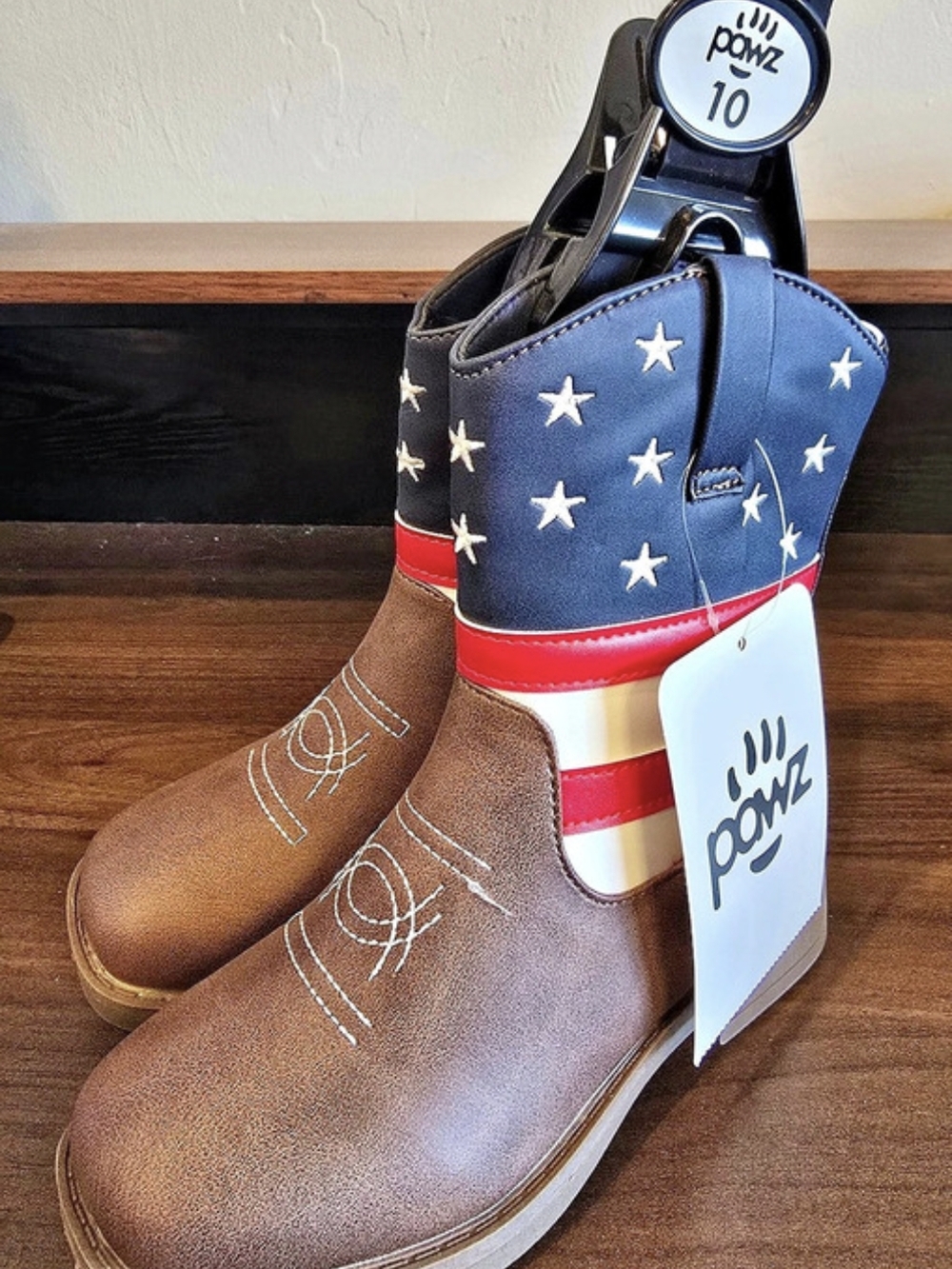 Pawz Cowboy Charm Boots Brown W/ American Flag Design Kids Size 10 NWT
